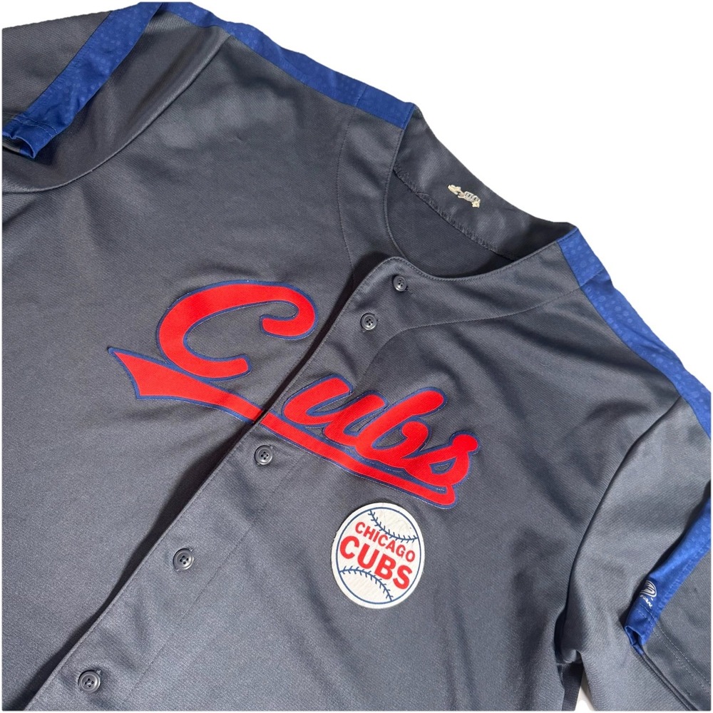 True Fan Chicago Cubs Baseball Jersey Mens XL Gray Blue Button Front MLB Logo